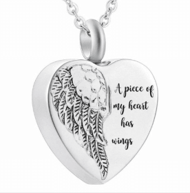 Heart Angel Wings Pet Ashes Urn Necklace – Silver Stainless Steel
