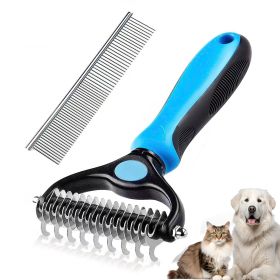 Pet Grooming Brush and Metal Comb Combo, Cat Brush Dog Brush for Shedding - blue