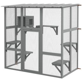 PawHut Catio Outdoor Cat Enclosure, Window Box Wooden Cat House with Bridge Platforms, Gray - Gray