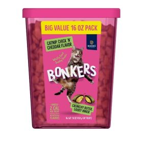 Bonkers Cat Bites Catnip And Chick 'N' Cheddar Flavor Crunchy And Soft Cat Treats 16 Oz Tub - Bonkers Cat Bites