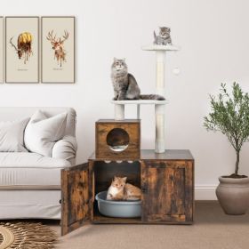 Cat Tree with Litter Box Enclosure with Cat Condo - Rustic Brown