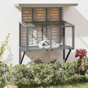 Cat Window Catio, Cat Outdoor Enclosure with Sun Sheet Roof, Wall Mounted Wood Cat Window Perch House, Weatherproof Window Box, Dark Gray - As Pic