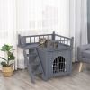 Grey 2-Level Wooden Cat House with Lockable Wire Door - as picture