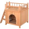 Natural Wood 2-Level Wooden Cat House with Lockable Wire Door - as picture
