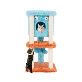 Cartoon Shape Themed Cat Tower with Soft Long Plush Decor - Blue & Orange - Pet entertainment