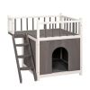 2-Story Wooden Feral Cat House Dog House for Outdoor and Indoor, Pet House with Stairs, Grey & White - as picture