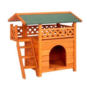 2-Story Wooden Feral Cat House Outdoor Indoor Kitty Houses with Door & Stairs & Weatherproof Roof, Orange & Green - as picture