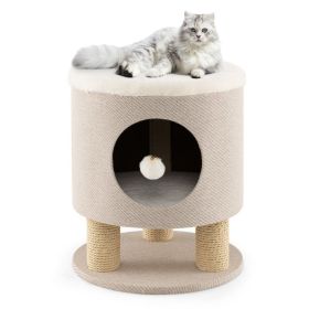 3-in-1 Cat Condo Stool Kitty Bed with Scratching Posts and Plush Ball Toy - Beige