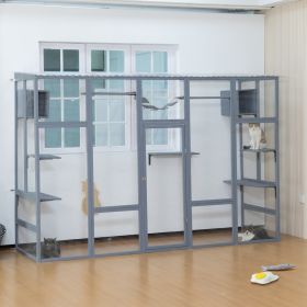 Wooden Cat Enclosure with 6 Jumping Platforms, 2 Cat Condos, Cat Bridge and Scratching Board, Gray - As Picture