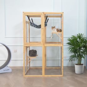 Wooden Cat Catio, Outdoor Cat Enclosure, Cat House with Platforms, Sunshine Board, Hammock, Door, Kitten Cage Condo, Burlywood - As Picture
