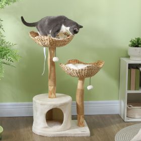 37 Inch Modern Cat Tree w/ Wooden Scratching Posts, Condo, Beds, Cushions, Toy Balls & Anti-Tip Kit - Cream White