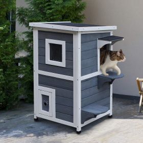 Outdoor Cat House with Escape Door, Weatherproof 2-Story Wooden Feral Cat Shelter with Opening Asphalt Roof, Dark Gray - Grey & White