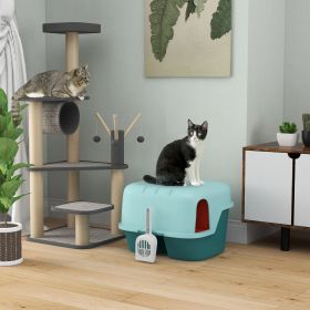 Cat Litter Box with Scoop, Easy to Clean & Openable Cover, Green - Green
