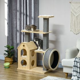 Cat Tree for Indoor Cats with Scratching Posts, Double-Layer House, 32" x 16" x 53", Natural - Natural Wood