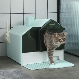 Hooded Cat Litter Box w/ Litter Mat, Litter Particle Catching, Light Blue - Light Blue