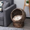 Handwoven Elevated Cat Bed with Rotating Basket and Soft Cushion, Wicker Cat Egg Chair with Stand, Brown - Dark Gray