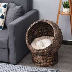 Handwoven Elevated Cat Bed with Rotating Basket and Soft Cushion, Wicker Cat Egg Chair with Stand, Brown - Dark Gray