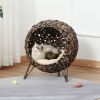 20.5" Weaved Cat Bed, Elevated Hand-woven Braided Banana Leaf Kitten House Condo with Cushion, Brown - Brown