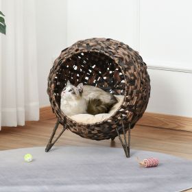 20.5" Weaved Cat Bed, Elevated Hand-woven Braided Banana Leaf Kitten House Condo with Cushion, Brown - Brown
