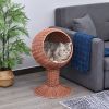 Elevated Cat Bed with Rotatable Egg Chair Pod, Cat Basket Bed with Thick Cushion, Natural Mat Grass Woven Kitty House, Brown - Brown