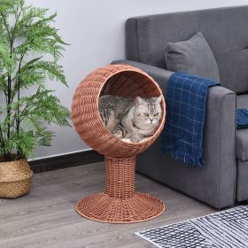 Elevated Cat Bed with Rotatable Egg Chair Pod, Cat Basket Bed with Thick Cushion, Natural Mat Grass Woven Kitty House, Brown - Brown