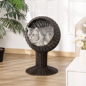Elevated Cat Bed with Rotatable Egg Chair Pod, Cat Basket Bed with Thick Cushion, Natural Mat Grass Woven Kitty House, Coffee - Coffee