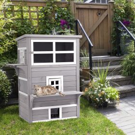Outdoor Cat House, 3-Tier Kitty Shelter with 5 Escape Doors, Weather Resistant, Gray & White - Gray