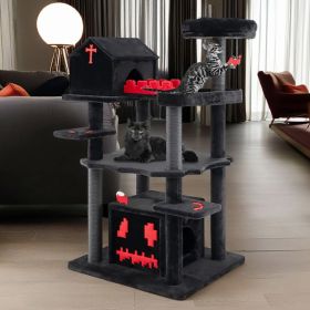 1PC Gothic Cat Tree 49 Inch Tall Cat Tower 6-Tier Cat Activity Center with Coffin Bed - Black