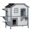 PawHut 2-story Cat House Outdoor, Weatherproof Wooden Cat Enclosure for Feral Cats with Escape Door, Openable Roof, Jumping Platforms, White - as Pic