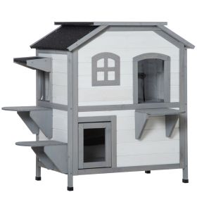 PawHut 2-story Cat House Outdoor, Weatherproof Wooden Cat Enclosure for Feral Cats with Escape Door, Openable Roof, Jumping Platforms, White - as Pic