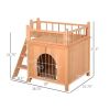 Natural Wood 2-Level Wooden Cat House with Lockable Wire Door - as picture