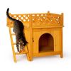 2-Story Wooden Feral Cat House Dog House for Outdoor and Indoor, Pet House with Stairs, Yellow - as picture