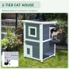 Outdoor Cat House with Escape Door, Weatherproof 2-Story Wooden Feral Cat Shelter with Opening Asphalt Roof, Dark Gray - Grey & White