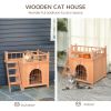 Natural Wood 2-Level Wooden Cat House with Lockable Wire Door - as picture
