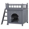 Grey 2-Level Wooden Cat House with Lockable Wire Door - as picture