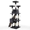 Multi-Level Cat Tree Tower House with Play Tunnel and Dangling Interactive Toy - Grey With Paw print