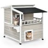 2-Story Wooden Patio Luxurious Cat Shelter House Condo with Large Balcony - Gray