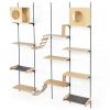 Wall-mounted Wood Cat Tree with Cat Condos, Jumping Platforms, Cat Bridges, Cat Perches and Scratching Posts, Natural Wood - As Picture