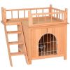 Natural Wood 2-Level Wooden Cat House with Lockable Wire Door - as picture