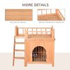 Natural Wood 2-Level Wooden Cat House with Lockable Wire Door - as picture