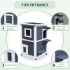 Outdoor Cat House with Escape Door, Weatherproof 2-Story Wooden Feral Cat Shelter with Opening Asphalt Roof, Dark Gray - Grey & White